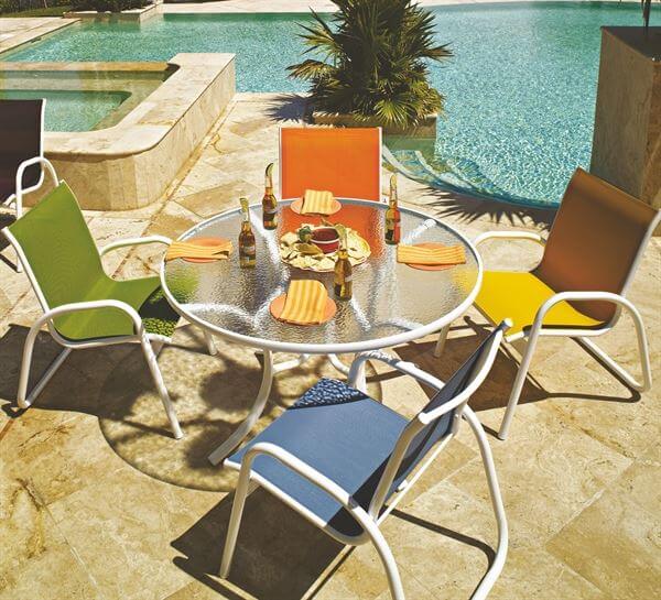 Patio Set Fabric Sling Glass Table 42, Round Glass Patio Table With 4 Chairs