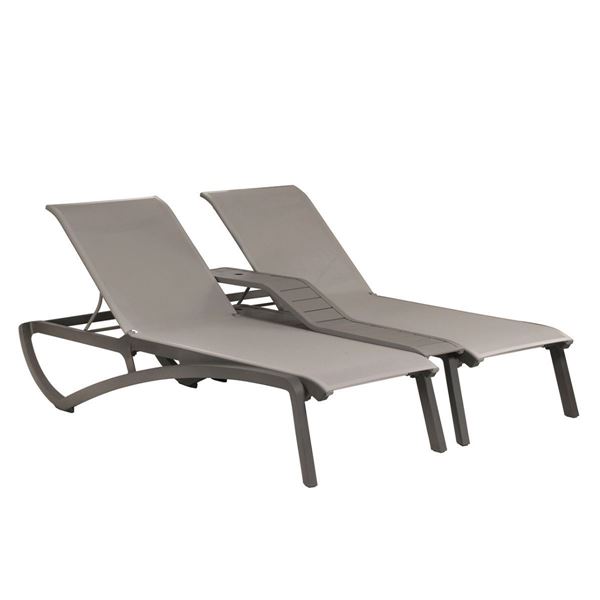 Sunset Duo Plastic Resin Sling Chaise Lounge with Console - Solid Gray / Platinum Gray