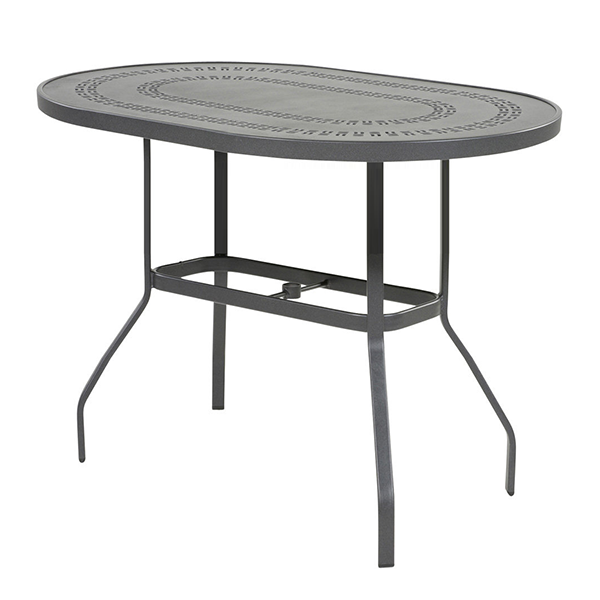 36” x 54” Oval Punched Aluminum Patio Bar Table in Mayan, Sunburst, and Napa Styles