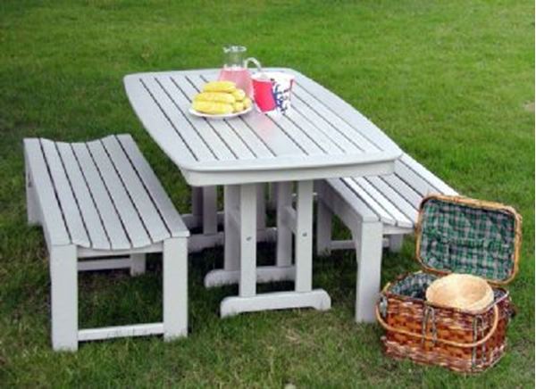 Picture of Polywood Traditional Style Recycled Plastic Dining Set, Includes Two Traditional 60 Inch Backless Benches and One Nautical Style Rectangle Dining