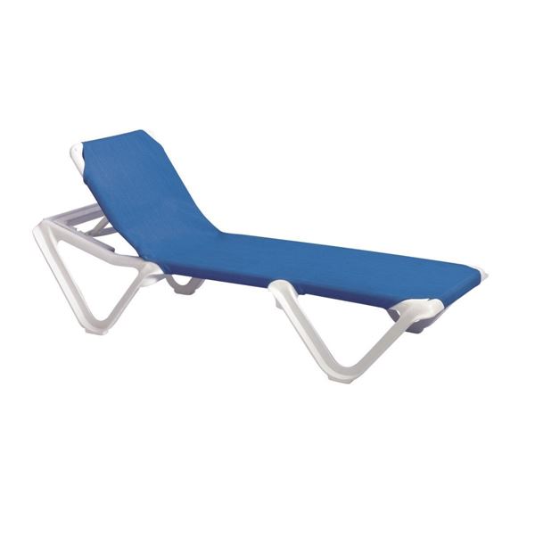 Nautical Plastic Resin Sling Stackable Chaise Lounge, White Frame Pool Furniture