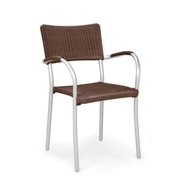 Picture of SALE! Artica Plastic Resin with Aluminum Frame Stacking Arm Chair, 7 lbs. Caffe Seat with Silver Legs.