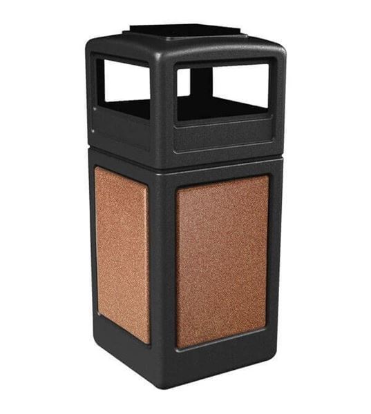 42 Gallon Plastic Pool Deck Trash Can with Stone Panel and Dome Ash Tray Top