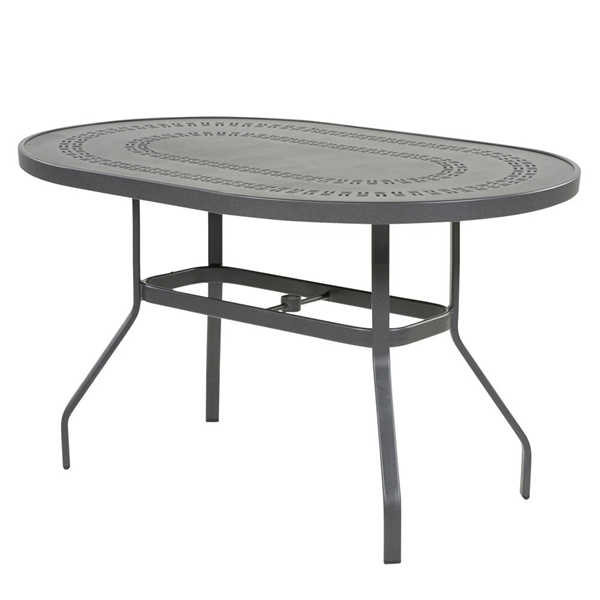 36” x 54” Oval Punched Aluminum Patio Balcony Table in Mayan, Sunburst, and Napa Styles