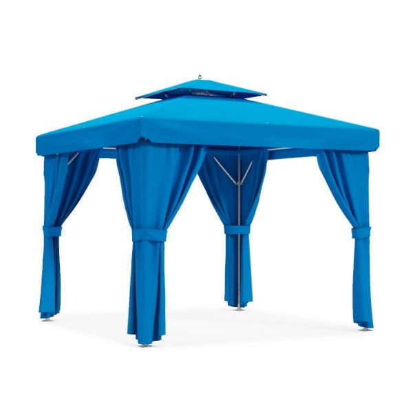 10' x 10' Marella cabana with extruded aluminum frame, double vent roof, and canopy with accent curtains shown for commercial poolside shade and private outdoor cabana layouts