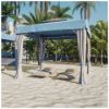 10' x 10' Marella cabana with extruded aluminum frame and double vented roof installed on a beachfront resort with lounge chaises for upscale commercial outdoor relaxation spaces