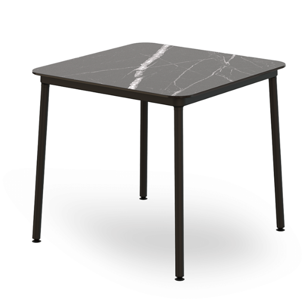 Hub HPL Top Square Patio Dining Table with Adjustable Feet and Epoxy Steel Legs, 31.5” or 35.4” - Black Marble