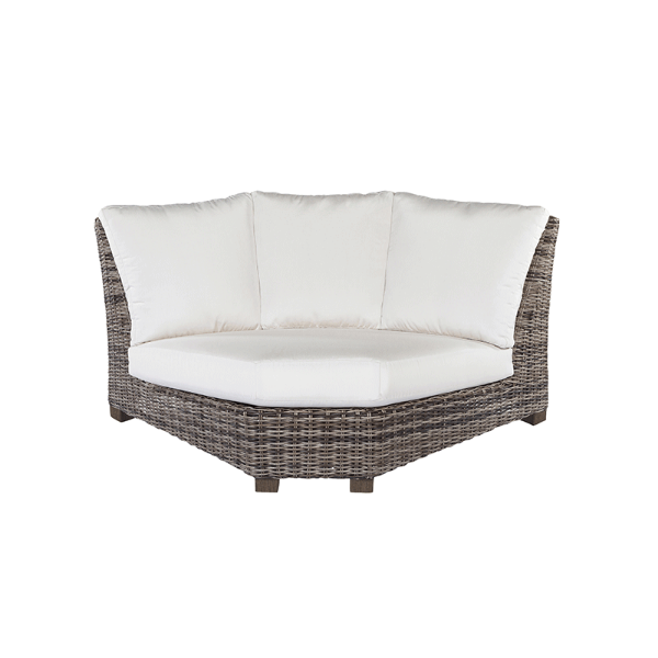 Woven resin wicker 90-degree corner sectional with white cushions.