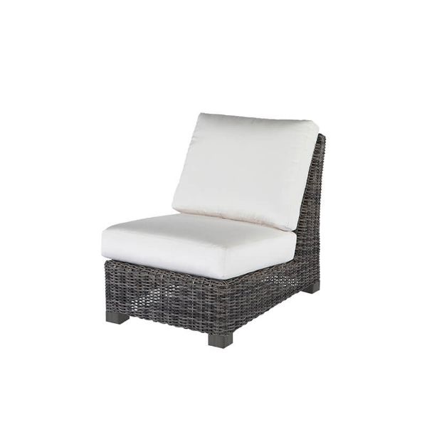Dark wicker armless patio chair with white cushions in smoke finish.