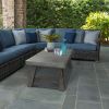 Outdoor wicker sectional with blue cushions and gray coffee table on stone patio.