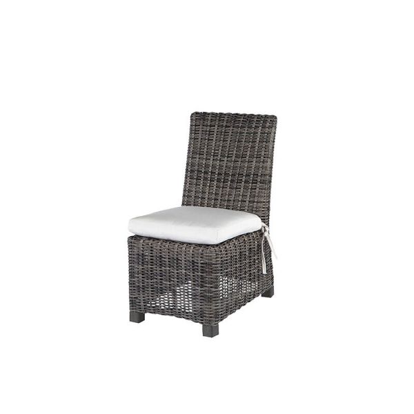 Dark wicker dining side chair with white cushion in smoke finish.