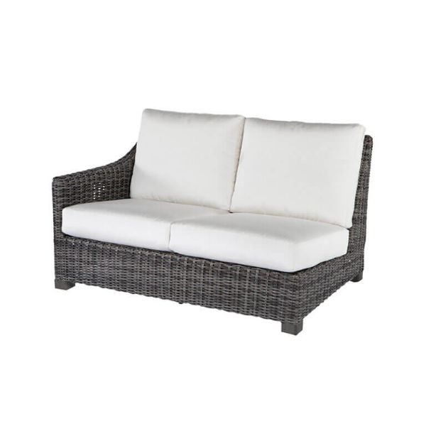 Woven wicker right arm loveseat with white cushions in smoke finish.