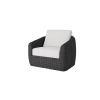 Boulevard wicker club chair with white cushions in coal finish.