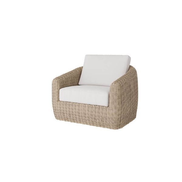 Boulevard wicker club chair with white cushions in barley finish.