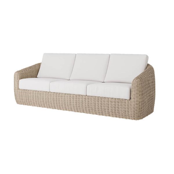 Boulevard wicker sofa with white cushions in barley finish.