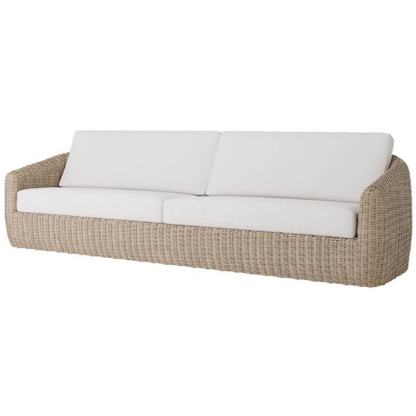 Outdoor wicker XL sofa with white cushions in barley finish for patio seating