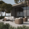 Modern patio furniture set with wicker XL sofa and lounge chairs for resorts
