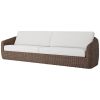 Outdoor wicker XL sofa in hazel brown with white cushions for patio and resort seating