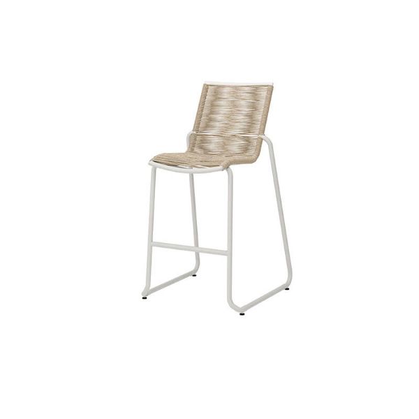 Outdoor woven seat bar chair with white frame and barley finish for patio bar seating