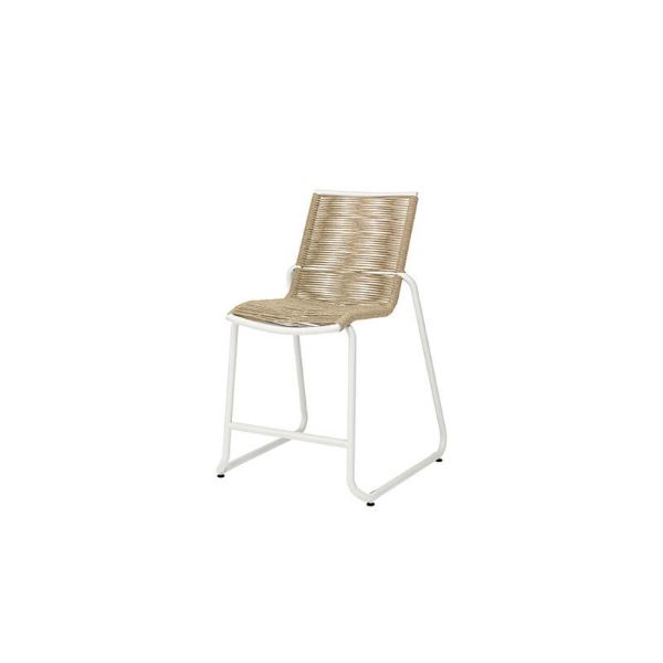 Outdoor woven counter chair with barley seat and white frame for patio dining