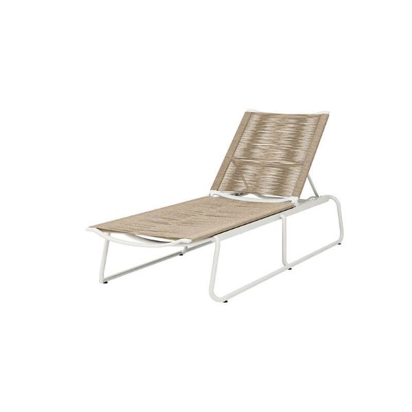Outdoor woven chaise lounge in barley finish with white frame for poolside seating