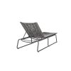 Rear view of woven outdoor chaise lounge in fog gray with graphite frame