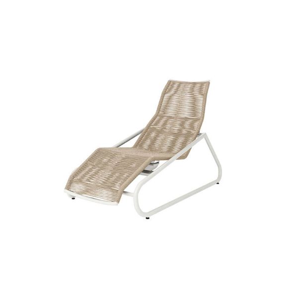 Outdoor comfort chaise lounge with woven barley seat and white frame for poolside relaxation