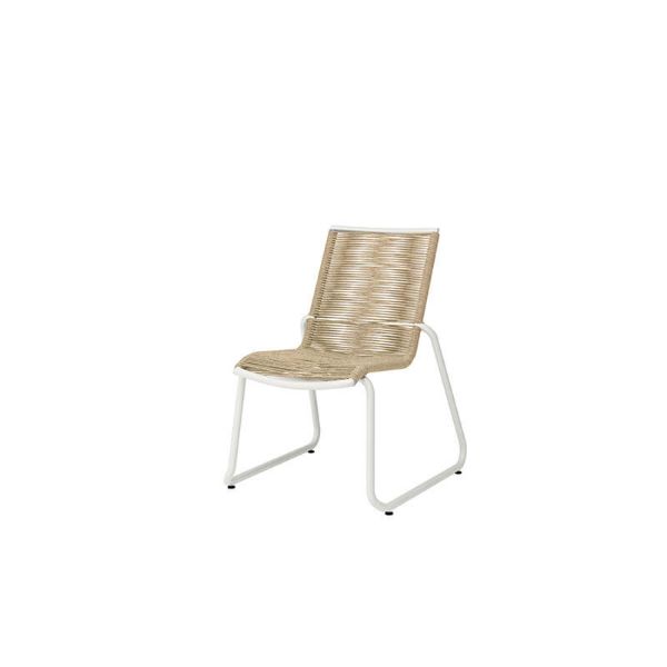 Cabana woven seat dining side chair in Barley and Bone finish, modern outdoor dining chair design.