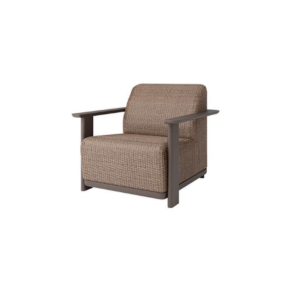 Commercial Corte woven padded club chair in Cocoa and Hazel finish with aluminum frame, front angle view