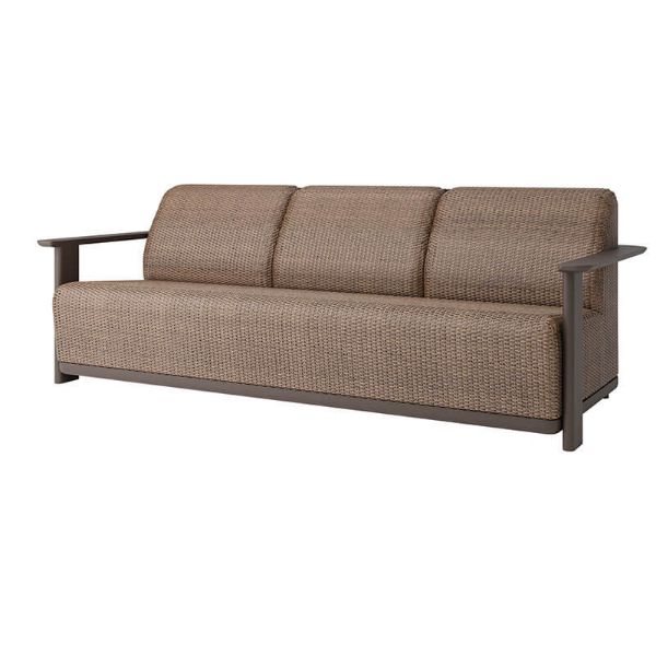 Commercial Corte woven padded sofa in Cocoa and Hazel finish with aluminum frame, front angle view
