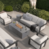 Modern resort firepit lounge with Corte woven padded sofa in Onyx and Pearl finish for commercial patios