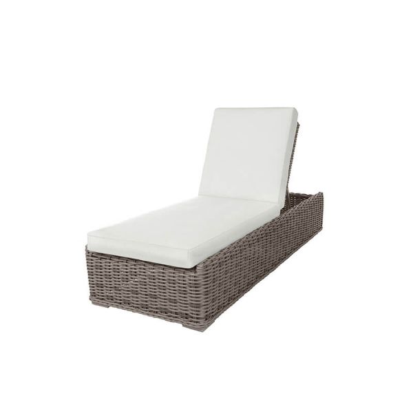 Laurent wicker cushion chaise lounge in Driftwood finish with white cushions, adjustable backrest.
