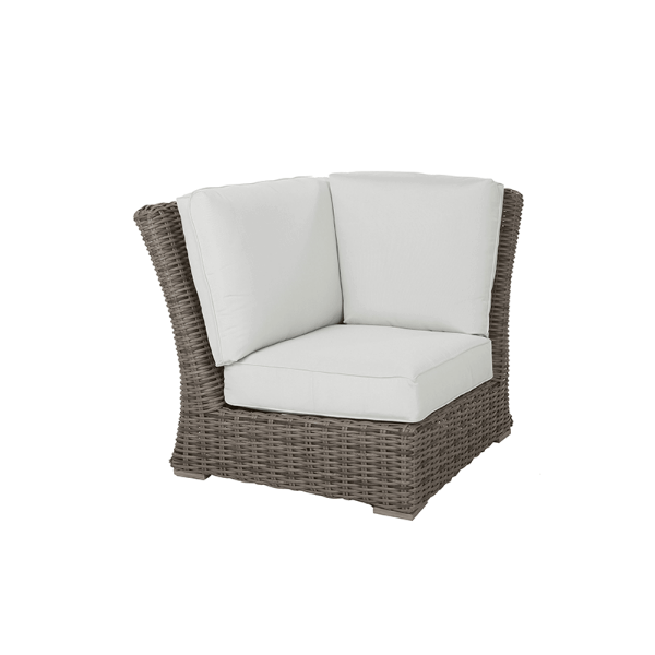 Laurent wicker cushion 90° square corner sectional chair in Driftwood finish with white cushions.