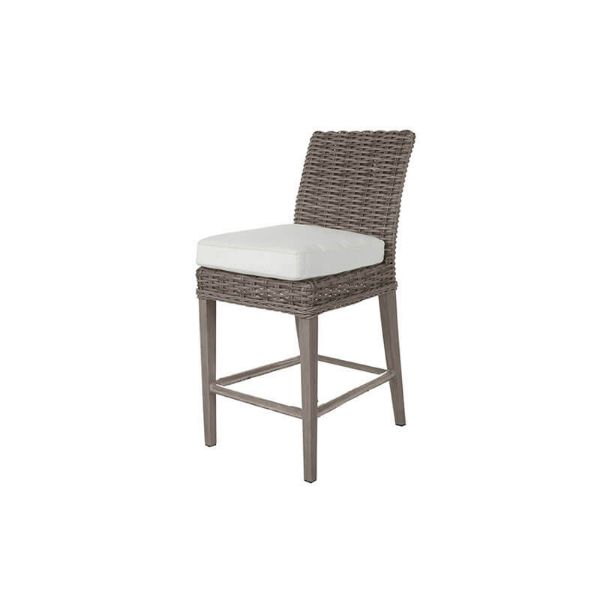 Laurent wicker cushion bar height chair in Driftwood finish with white padded seat, designed for outdoor dining and bars.