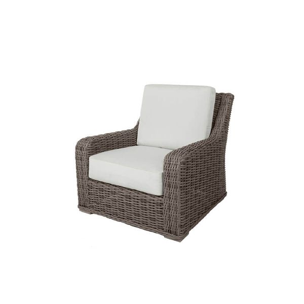 Laurent wicker cushion club chair with white cushions, front view.