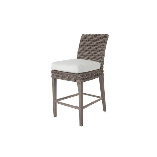 Laurent wicker cushion counter height chair in Driftwood finish with white padded seat for outdoor dining.