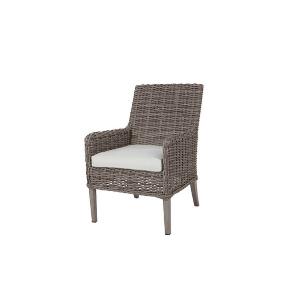 Laurent wicker cushion dining arm chair in Driftwood finish with white seat cushion for outdoor patio dining.