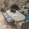 Laurent wicker dining arm and side chairs arranged around an outdoor stone dining table beside a pool.