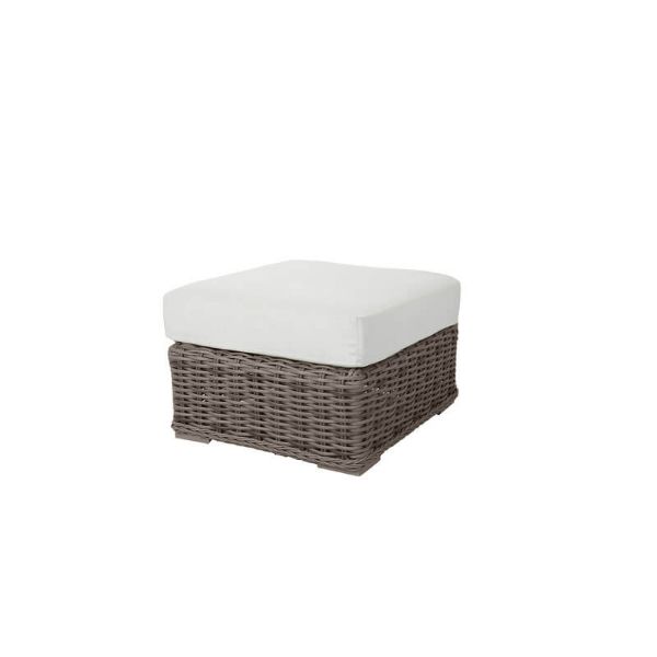 Laurent wicker cushion ottoman in Driftwood finish with white cushion, designed for outdoor patio and poolside seating.