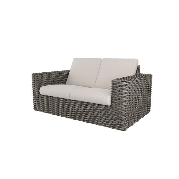 Mia Woven Cushion Loveseat in Fog Gray Finish with Cream Cushions for Commercial Outdoor Lounges