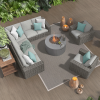 Mia Woven Cushion Sectional in Fog Finish paired with Bellino Fire Pit Table on Patio Deck