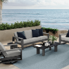 Modern Novara Cushion Patio Sofa with Matching Chairs on Coastal Deck with Gray Cushions