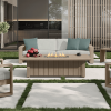 Modern Novara Cushion Deep Seating XL Sofa with Fire Pit Table on Patio with Green Accent Pillows