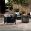 Orleans Woven Cushion Patio Club Chairs in Coal Finish with Gray Cushions Around Fire Pit Table