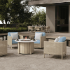 Orleans Woven Cushion Patio Club Chairs in Barley Finish with Blue Cushions Around Fire Pit Table