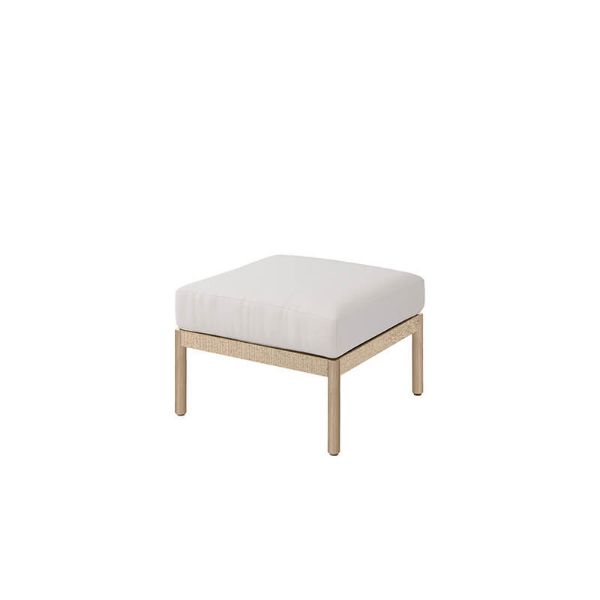 Orleans Woven Cushion Patio Ottoman in Barley Finish with Brown Cushion Beside Matching Club Chair