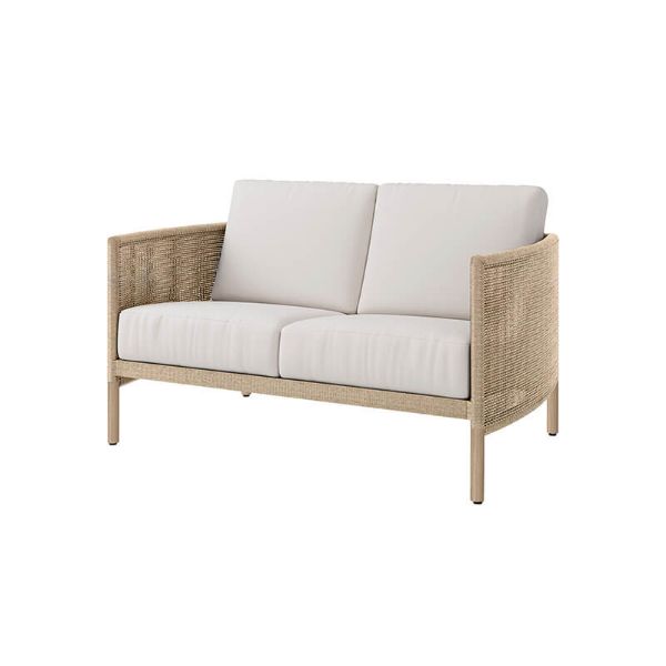 Orleans Woven Cushion Patio Loveseat in Barley Finish with White Cushions