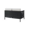 Rear View of Orleans Woven Cushion Patio Loveseat in Coal Finish with White Cushions
