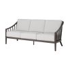 Palazzo deep seating patio sofa in Cocoa finish with white cushions, three-seat design, front angle.