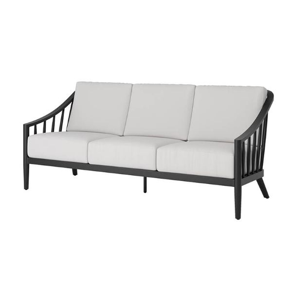 Palazzo deep seating patio sofa in Onyx finish with white cushions, three-seat design, front angle.